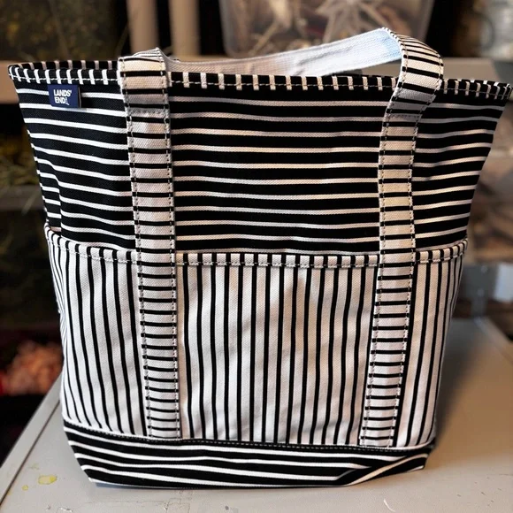 NEW, Land's End Tote, Canvas Tote, Beach Tote, Black and White Striped Tote, NWT - Picture 1 of 7